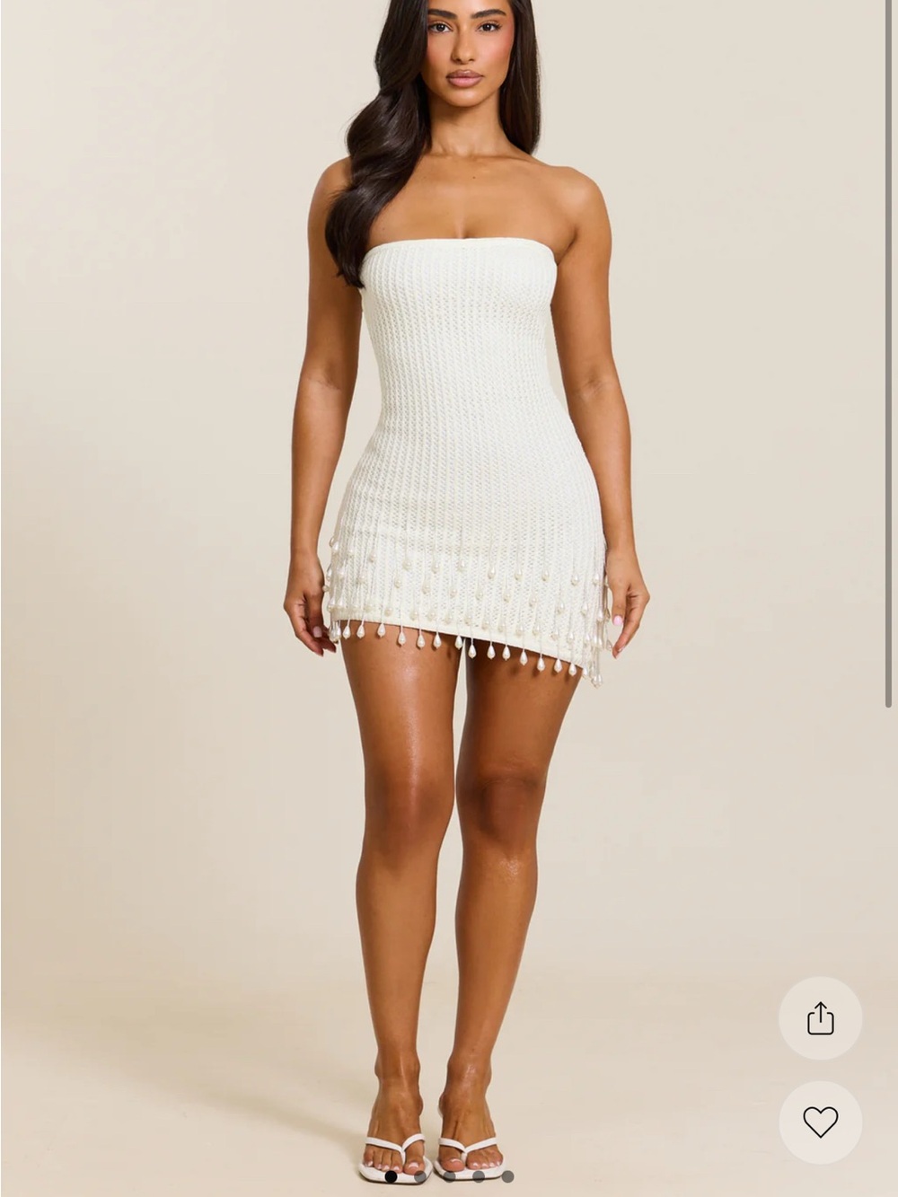 Strapless Cream Knit Mini Dress with Tassel Hem